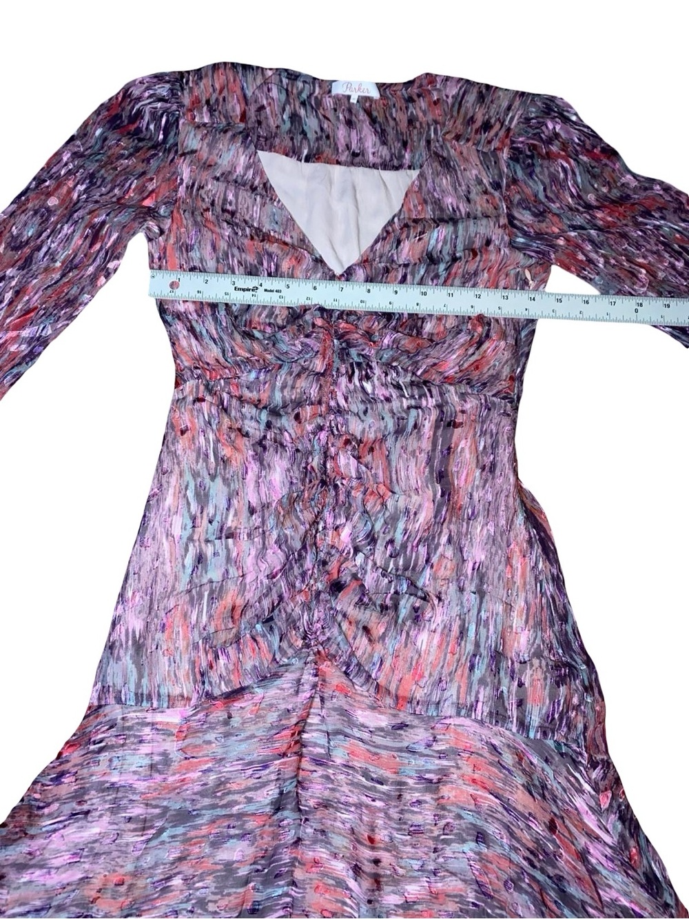 Parker 100% silk abstract Print  Ruched Midi Dress Long Sleeve High-Low Hem - Picture 5 of 13